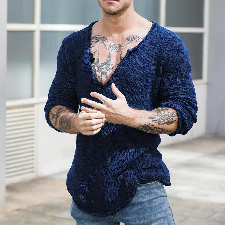 Męski sweter casualowy z dekoltem w serek, długi rękaw, slim fit, dzianinowy 30697065M