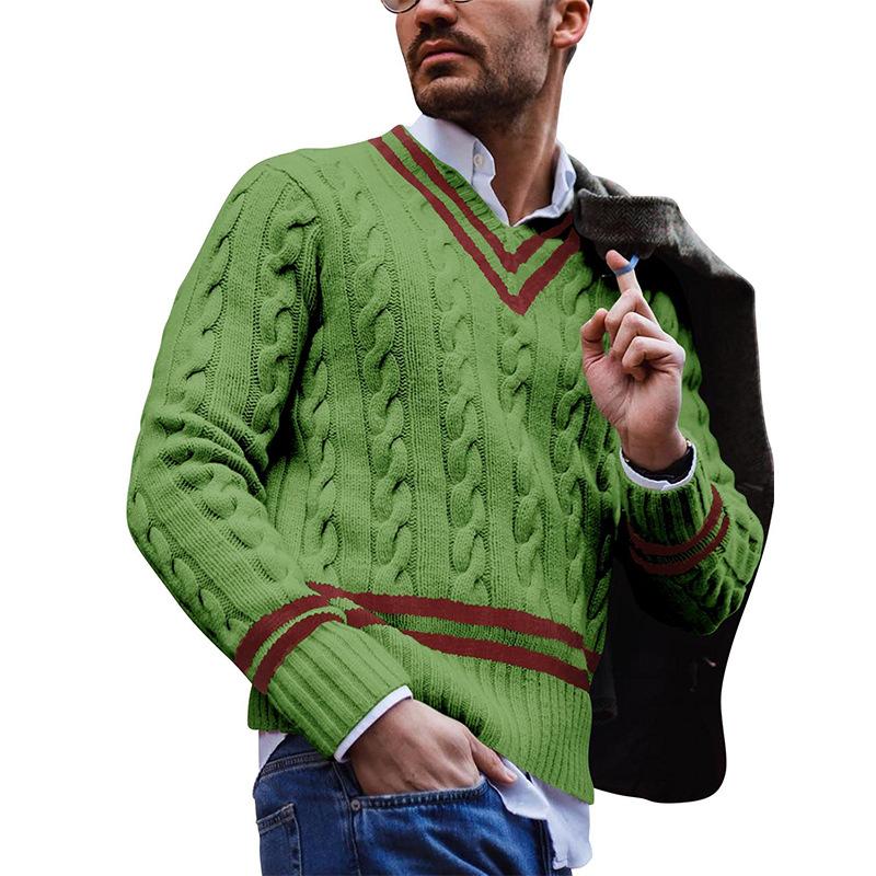 Męski sweter casualowy z dekoltem w serek, w kolorowe bloki i paski, luźny, dzianinowy 46504810M
