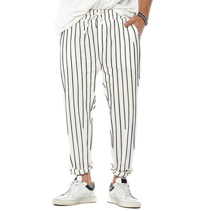 Męskie Spodnie Casual w Pionowe Paski z Bawełny i Lnu, Proste, Luźne, Modne 38653954Z