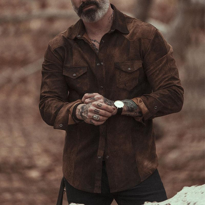 Męska Vintage Casual Suede Koszula z Długim Rękawem z Klapą 31793631TO