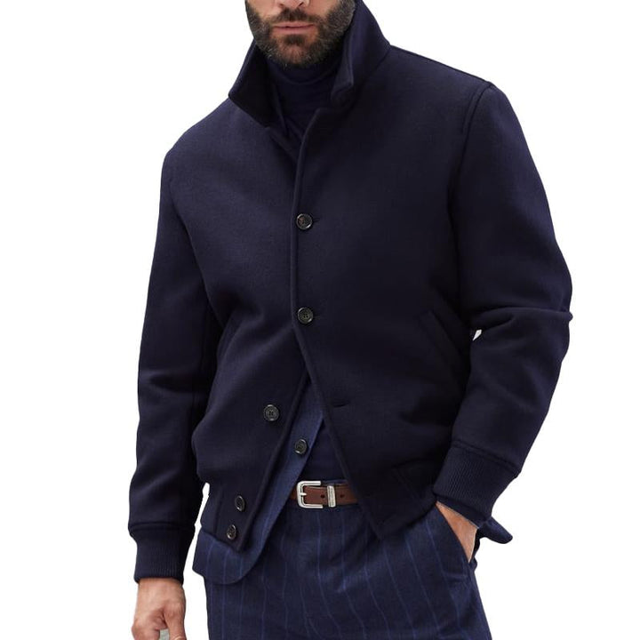 Męska Casual Kurtka Bomber z Wełny z Stojącym Kołnierzem i Zapięciem na Guziki 01641811M