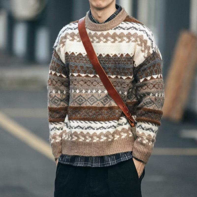 Męski sweter z okrągłym dekoltem i długim rękawem w wzór Fair Isle 36360801Z