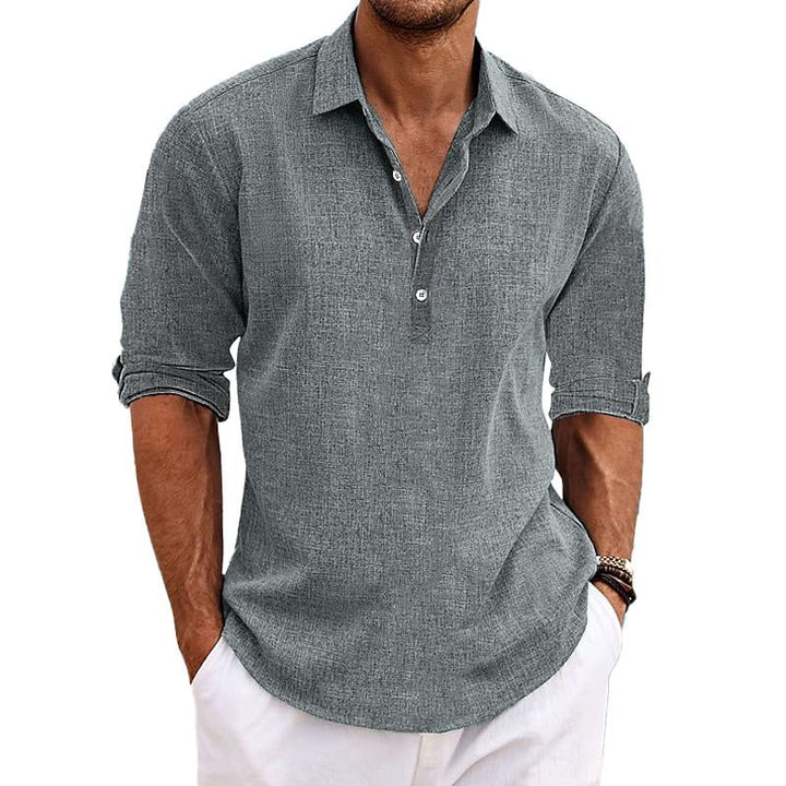 Męska Casualowa Koszula Pullover z Kołnierzykiem, Rękawami z Lnu i Bawełny, Długie Rękawy 41061054Y