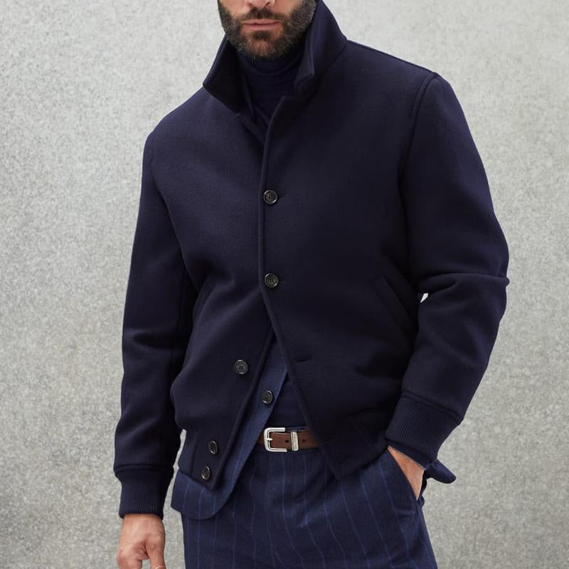 Męska Casual Kurtka Bomber z Wełny z Stojącym Kołnierzem i Zapięciem na Guziki 01641811M