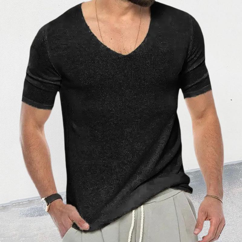 Męski sweter casual w jednolitym kolorze z dekoltem w serek, krótki rękaw 05621460Y