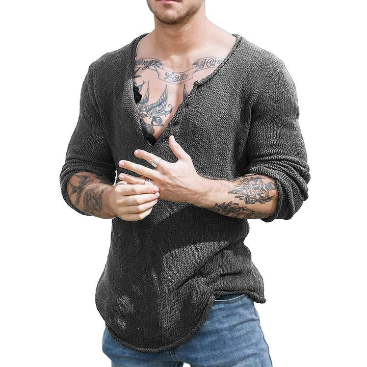 Męski sweter casualowy z dekoltem w serek, długi rękaw, slim fit, dzianinowy 30697065M