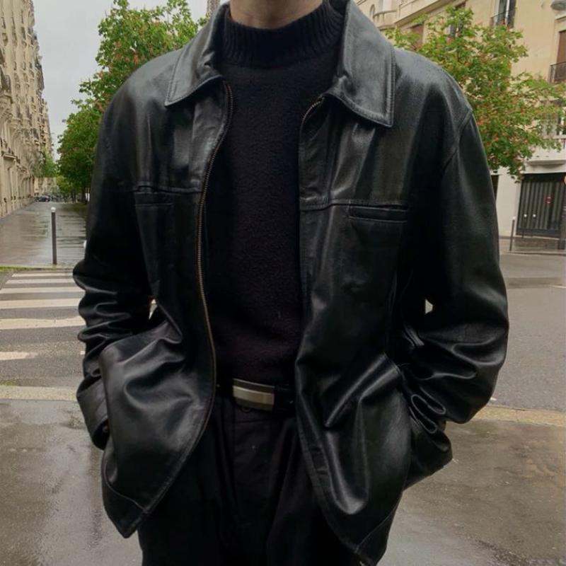 Męska Retro Casual Jednokolorowa Kurtka Skórzana z Kołnierzem 67714537TO