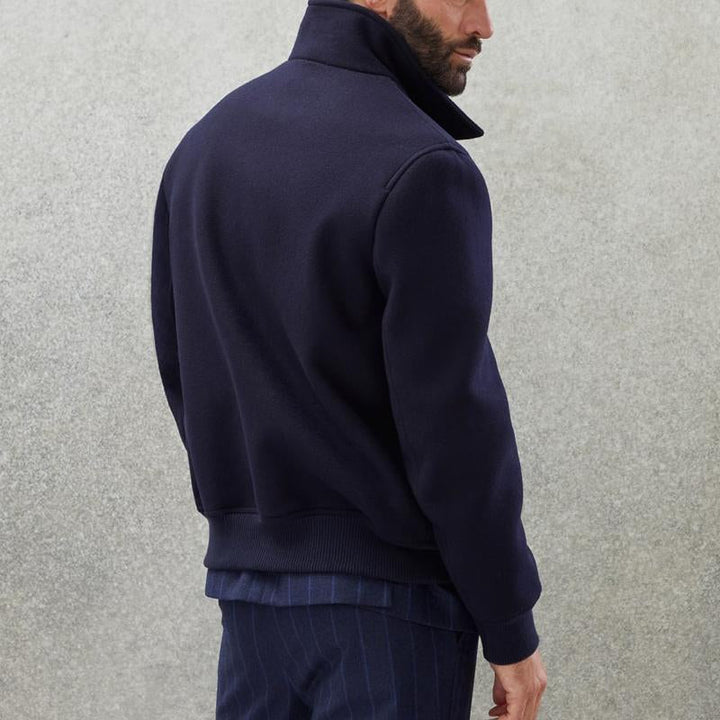 Męska Casual Kurtka Bomber z Wełny z Stojącym Kołnierzem i Zapięciem na Guziki 01641811M