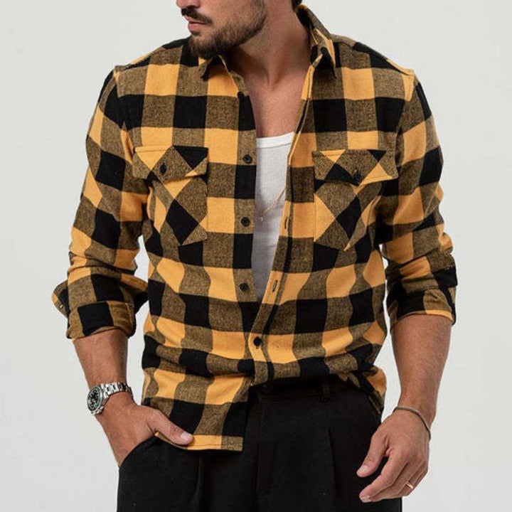 Męska retro casualowa koszula w kratę z kieszonką i kołnierzykiem, z długim rękawem 62039387TO