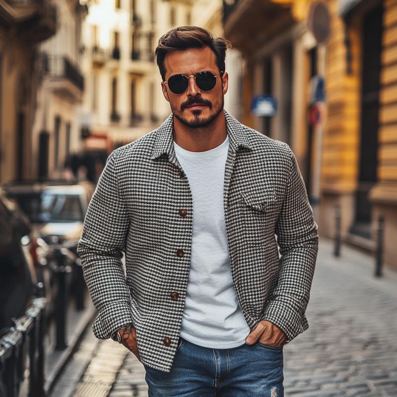 Męska Vintage Marynarka Koszulowa w Kratę Houndstooth z Klapami 85588306M