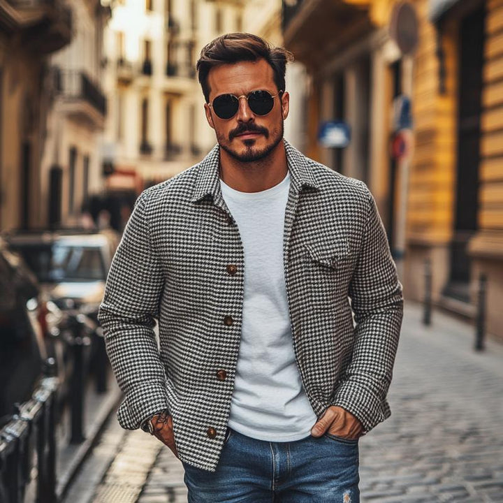 Męska Vintage Marynarka Koszulowa w Kratę Houndstooth z Klapami 85588306M