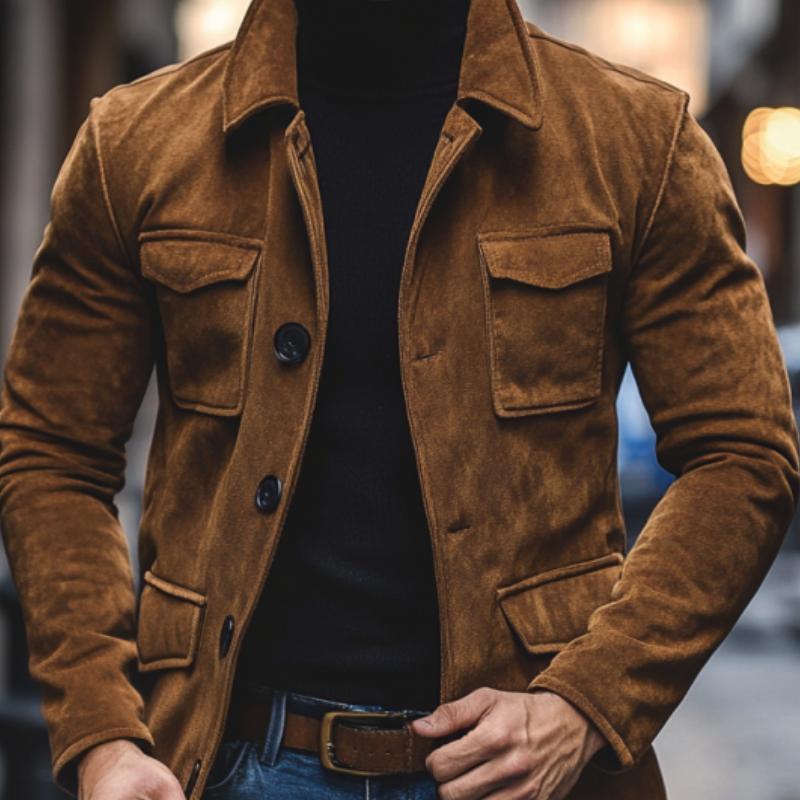 Męska Vintage Kurtka Suede z Klapami i Wieloma Kieszeniami 91055496M