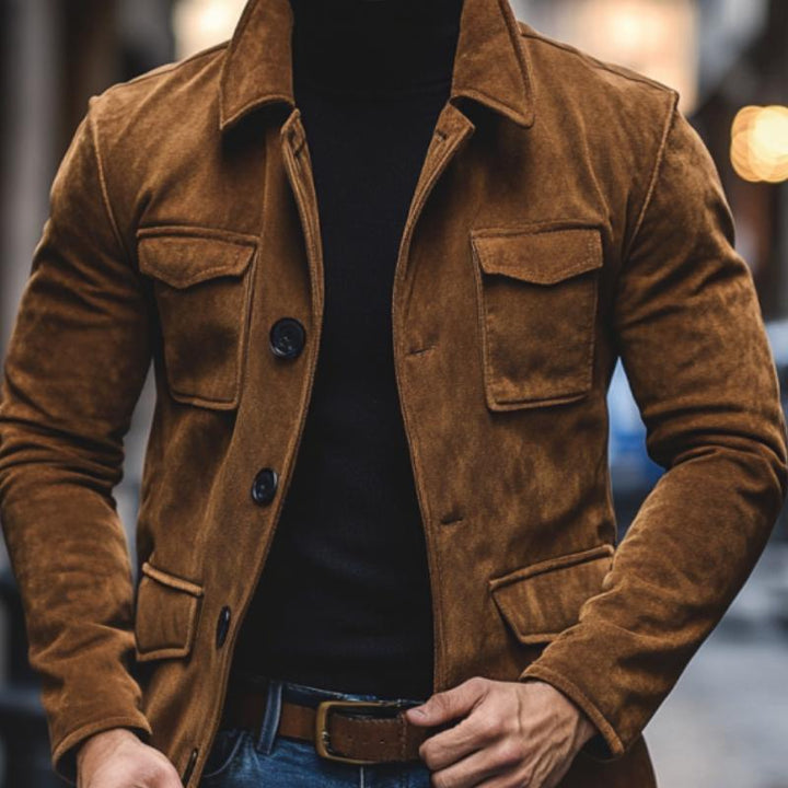 Męska Vintage Kurtka Suede z Klapami i Wieloma Kieszeniami 91055496M