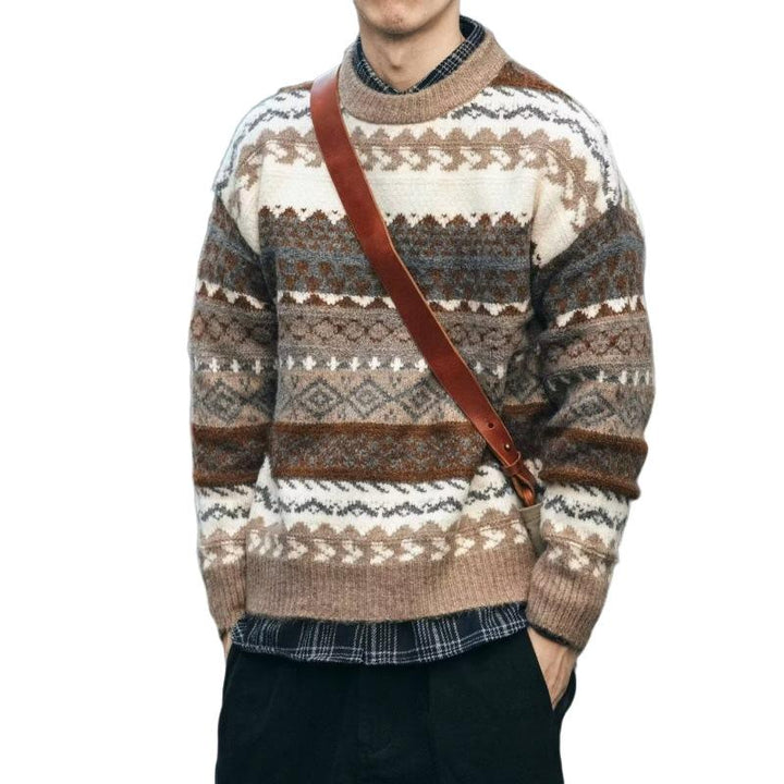 Męski sweter z okrągłym dekoltem i długim rękawem w wzór Fair Isle 36360801Z