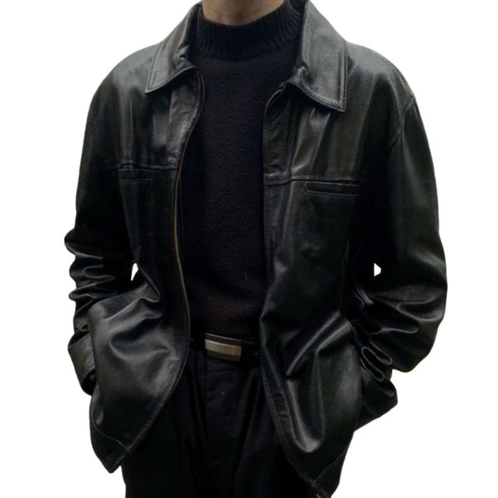 Męska Retro Casual Jednokolorowa Kurtka Skórzana z Kołnierzem 67714537TO