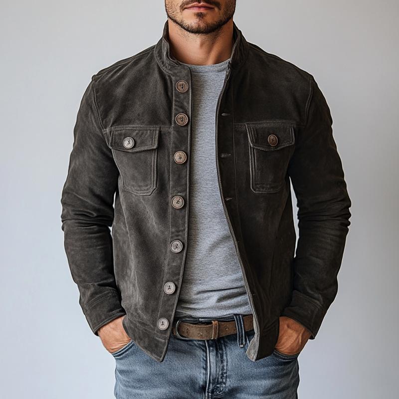 Męska Vintage Suede Kurtka Z Kołnierzem Stojącym Na Guziki 65731063Y