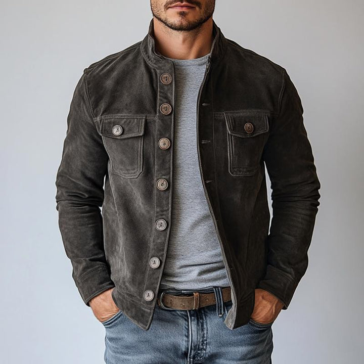 Męska Vintage Suede Kurtka Z Kołnierzem Stojącym Na Guziki 65731063Y