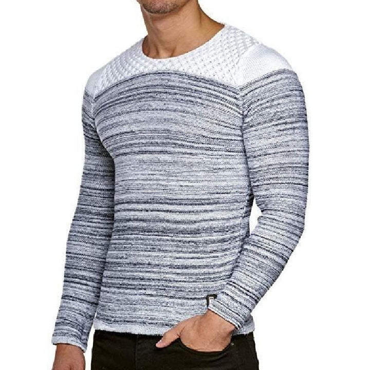 Męski sweter dzianinowy z okrągłym dekoltem i paskami 43751787F