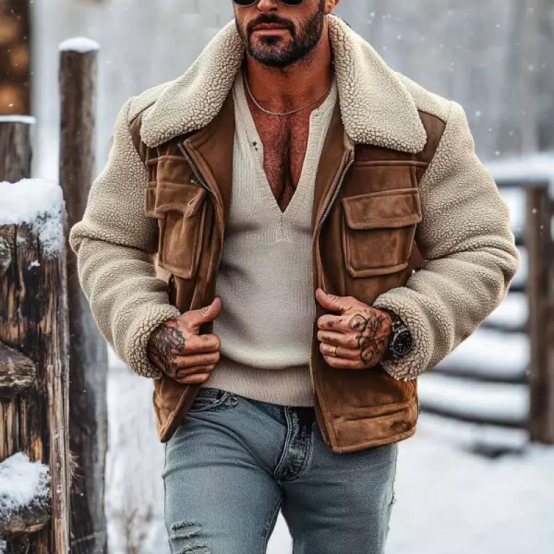 Męska Vintage Suede Szycie Wełniana Kurtka z Kołnierzem 32133200Y
