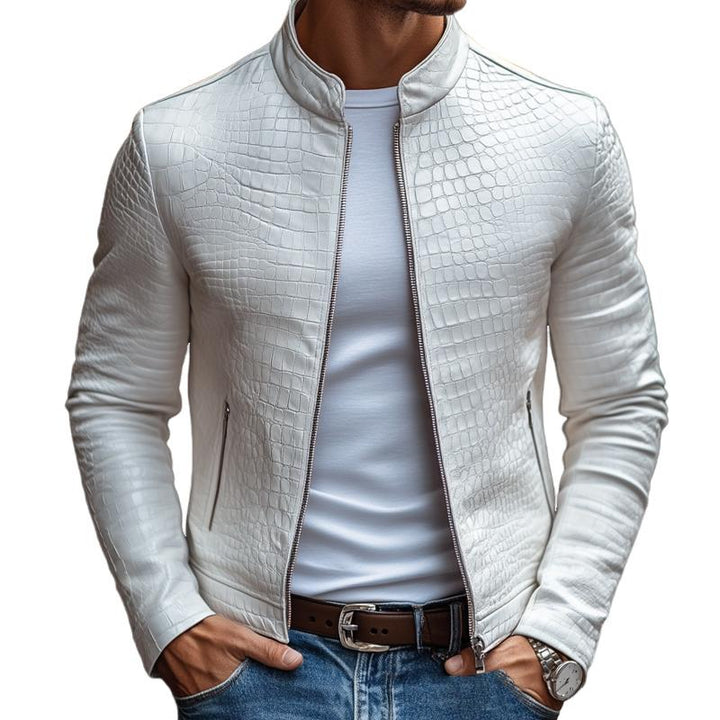 【24-godzinny czas wysyłki】Męska modna kurtka skórzana z zamkiem, slim fit, z wzorem kamienia, kołnierz stojący 45773252M
