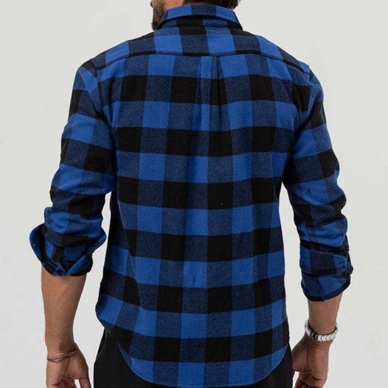 Męska retro casualowa koszula w kratę z kieszonką i kołnierzykiem, z długim rękawem 62039387TO