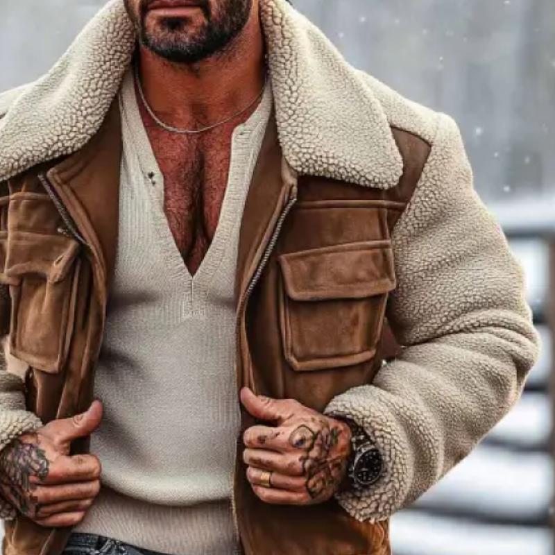 Męska Vintage Suede Szycie Wełniana Kurtka z Kołnierzem 32133200Y