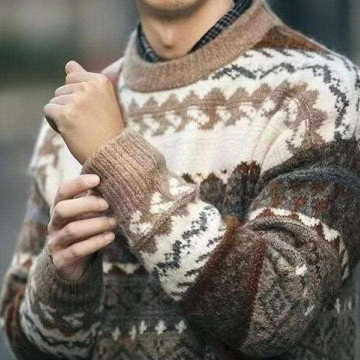 Męski sweter z okrągłym dekoltem i długim rękawem w wzór Fair Isle 36360801Z