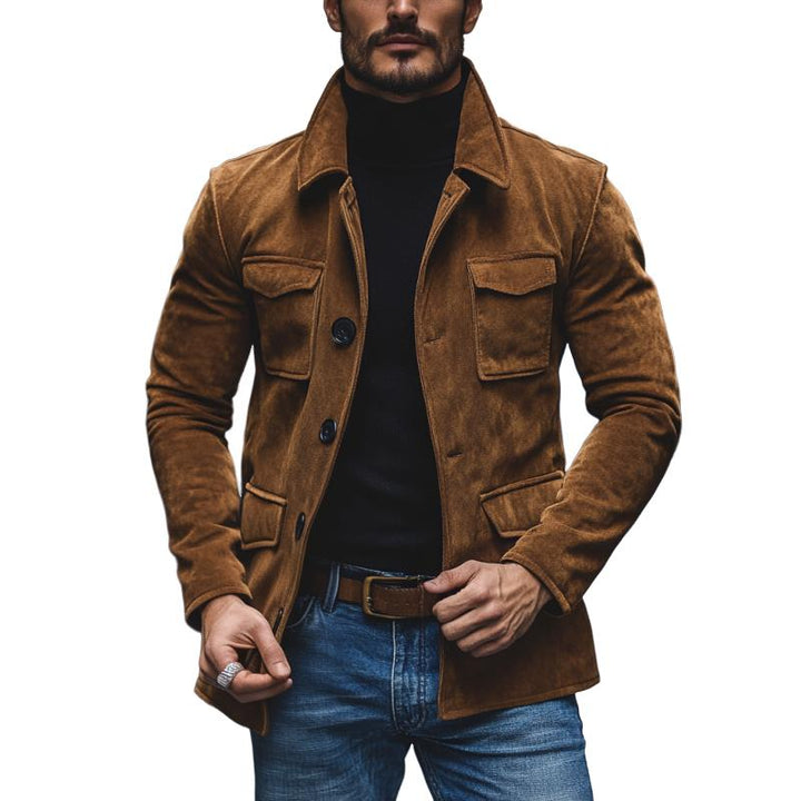 Męska Vintage Kurtka Suede z Klapami i Wieloma Kieszeniami 91055496M