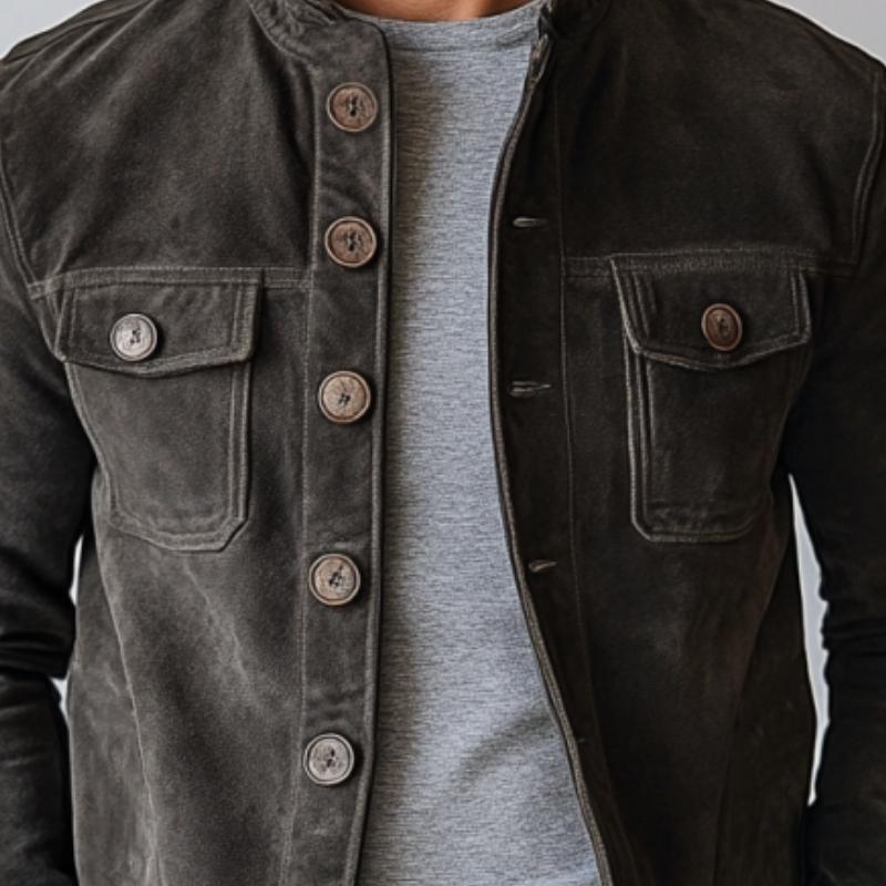Męska Vintage Suede Kurtka Z Kołnierzem Stojącym Na Guziki 65731063Y