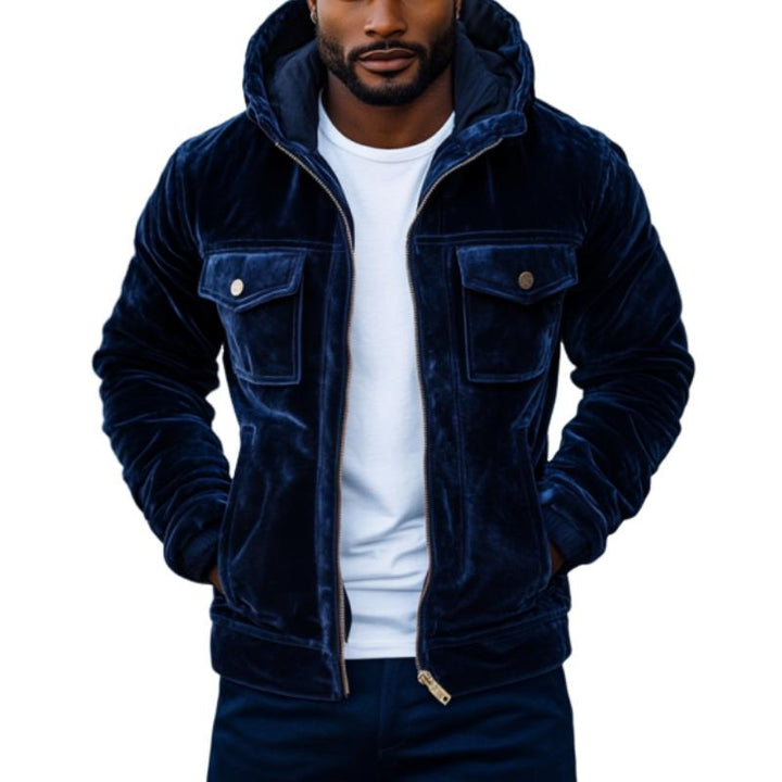 Męska Vintage Aksamitna Kurtka z Kapturem Slim Fit z Wieloma Kieszeniami 43517037M