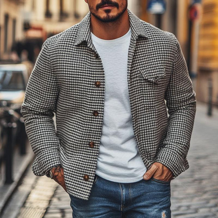 Męska Vintage Marynarka Koszulowa w Kratę Houndstooth z Klapami 85588306M
