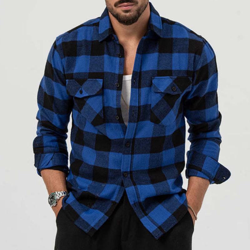 Męska retro casualowa koszula w kratę z kieszonką i kołnierzykiem, z długim rękawem 62039387TO