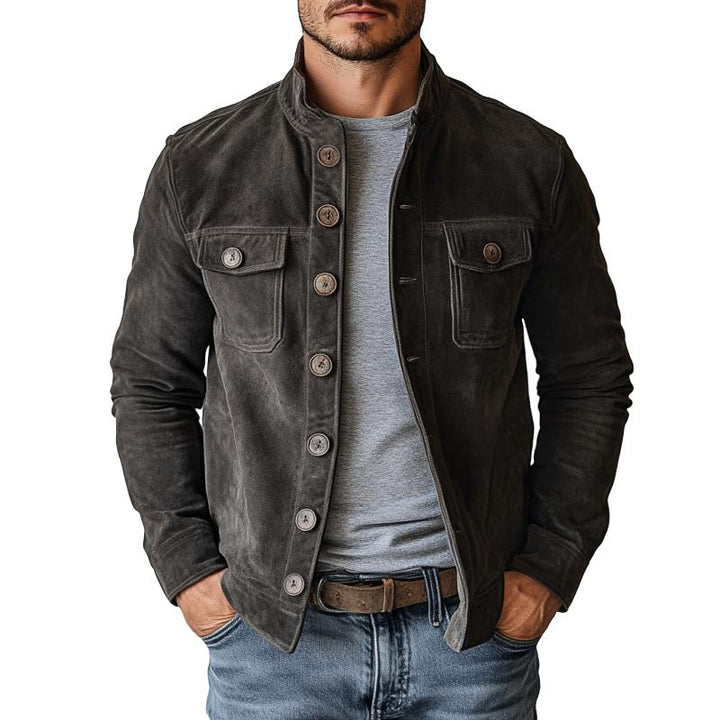 Męska Vintage Suede Kurtka Z Kołnierzem Stojącym Na Guziki 65731063Y