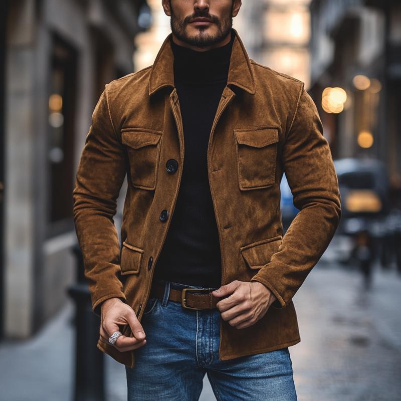Męska Vintage Kurtka Suede z Klapami i Wieloma Kieszeniami 91055496M