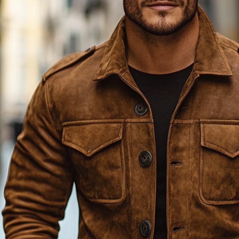 Męska Vintage Casual Suede Kurtka z Kieszeniami na Guziki 10887222TO