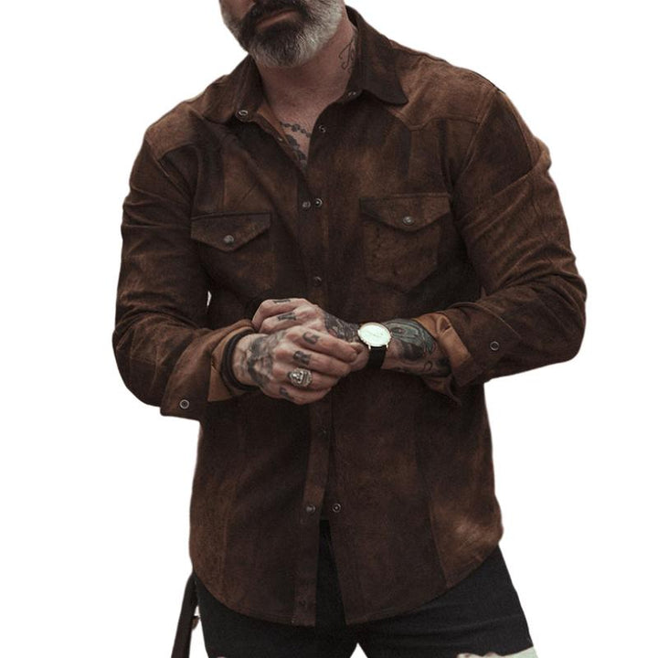 Męska Vintage Casual Suede Koszula z Długim Rękawem z Klapą 31793631TO